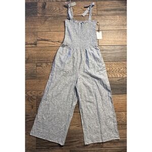 1 STATE Gray White Stripe Smocked Wide Leg Jumpsuit Tie Shoulder Cropped